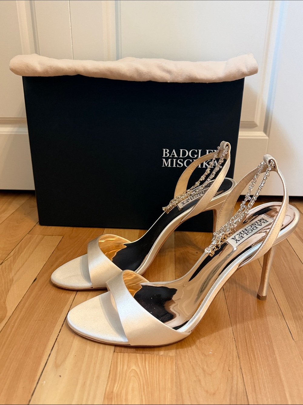 Badgley Mischka Ivory Satin Crystal-Embellished Slingback Heels